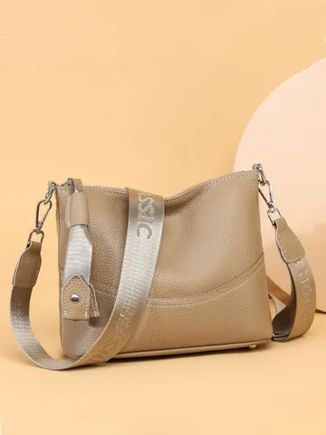 Borsa a Tracolla da Donna in Vera Pelle di Vacchetta Grande Capacità Motivo Litchi Con Tracolla Larga in Tessuto Borsa Secchiello