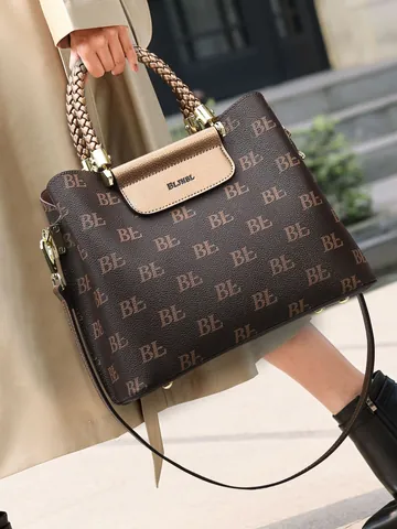 Women Monogram Tote Bag Large Capacity PU Leather Handbag Braided Handle Gold Hardware Elegant Commuter Shoulder Bag