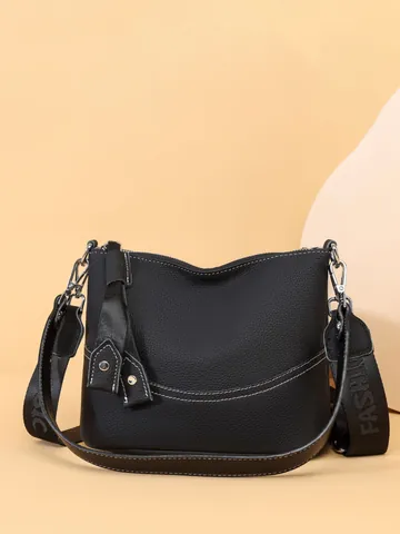 Borsa a Tracolla da Donna in Vera Pelle di Vacchetta Grande Capacità Motivo Litchi Con Tracolla Larga in Tessuto Borsa Secchiello