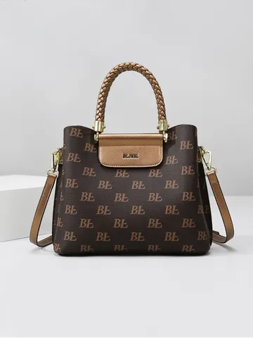 Women Monogram Tote Bag Large Capacity PU Leather Handbag Braided Handle Gold Hardware Elegant Commuter Shoulder Bag
