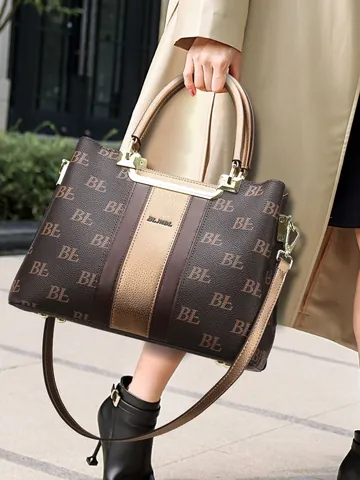 Bolso de Mano de Gran Capacidad para Mujer Retro Monograma Cuero de PU Bolso de Mano para Viaje Moda Bandolera Regalo Mamá