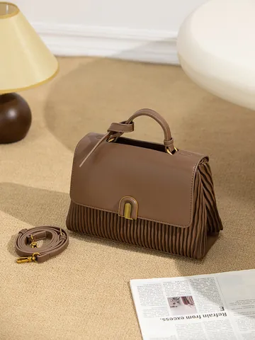 Moda Mujer Bolso de Cuero PU Gran Capacidad Bolso Bandolera Con Diseño Plisado Cierre en U Dorado Para Uso Diario