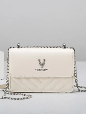 Women's Quilted Crossbody Bag PU Leather Small Square Bag With Metal Chain Deer Head Decor Fashion Shoulder Bag For Daily Use