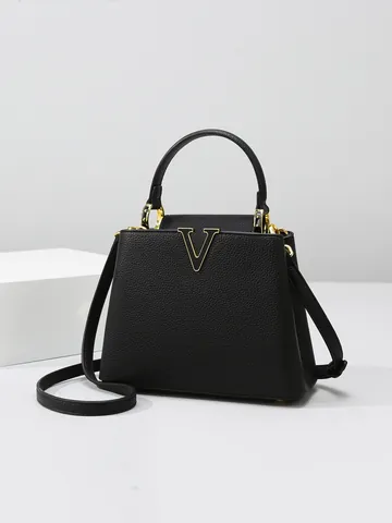 Dames Moderne PU Lederen Emmertas Grote Capaciteit Handtas Met V-Logo Stijlvolle Crossbodytas Litchi Krokodillentextuur Woon-werkverkeer Schoudertas
