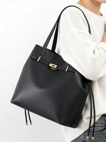 Dames PU Leer Tote Bag Grote Capaciteit Stedelijk Minimalistisch Bucket Handtas Met Metalen Slot Koord Woon-werkverkeer Schoudertas