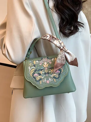 Vintage Bloemen Borduurwerk Dames Crossbodytas PU Leer Handtas Met Satijnen Sjaal Decor Elegante Etnische Stijl Schoudertas