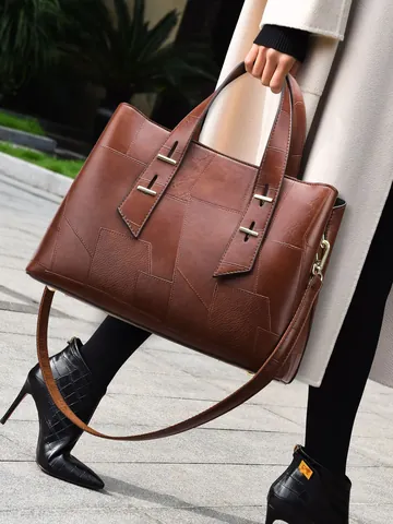 Borsa Tote da Donna in Pelle PU di Grande Capacità Patchwork Geometrico Borsa a Mano Minimalista Urbana Con Tracolla Regolabile Moda Lavoro Quotidiano