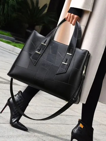 Borsa Tote da Donna in Pelle PU di Grande Capacità Patchwork Geometrico Borsa a Mano Minimalista Urbana Con Tracolla Regolabile Moda Lavoro Quotidiano