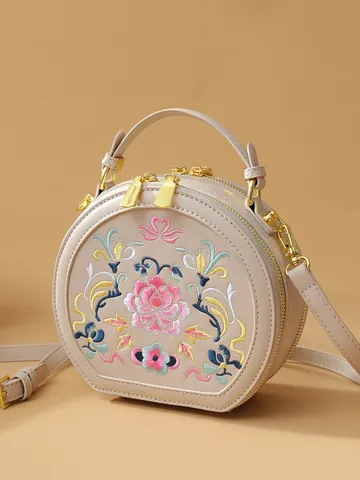 Women Chinese Style Floral Embroidery Circular Handbag Faux Leather Round Box Crossbody Bag Retro Top Handle Purse
