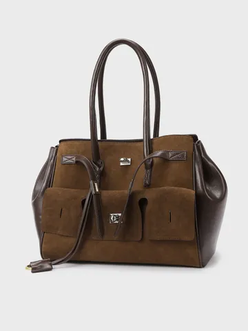 Bolso Tote de Gran Capacidad para Mujer de Cuero PU Esmerilado Patchwork Bolso de Hombro Con Múltiples Bolsillos Retro Funcional