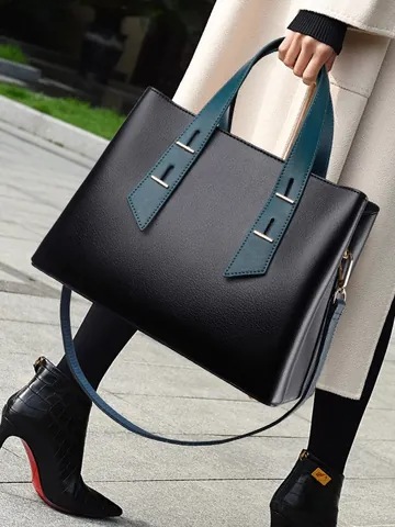 Dames Grote Capaciteit PU Leer Tote Bag Contrastkleur Handtas Stedelijk Minimalistisch Retro Schoudertas Crossbody Tas