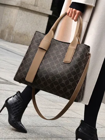 Retro Print Tote Bag Voor Vrouwen Grote Capaciteit Handtas PU Leer Schoudertas Crossbody Messenger Bag Commuter Werktas