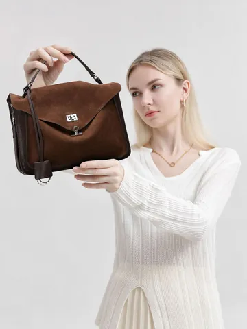Sac Cartable Rétro en Cuir Véritable et Daim Pour Femmes Sac à Main Messager Grande Capacité Avec Serrure Métallique