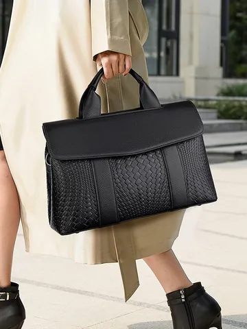 Borsa a Mano in Pelle PU Intrecciata di Grande Capacità per Donna Vintage Motivo Litchi con Manico a Tracolla