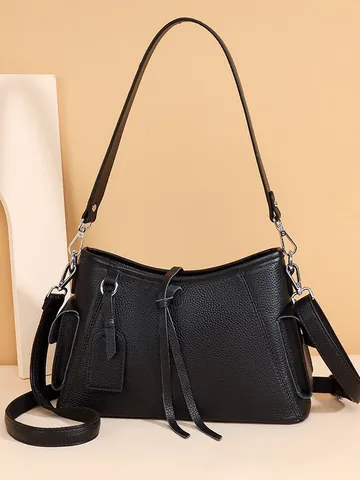 Echt Leren Schoudertas Voor Vrouwen Grote Capaciteit Eerste Laag Koeienhuid Hobo Tas Minimalistisch Woon-werkverkeer Lychee Patroon Crossbody Tas