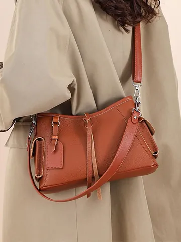 Genuine Leather Shoulder Bag For Women Large Capacity First Layer Cowhide Hobo Bag Minimalist Commuting Lychee Pattern Crossbody Bag