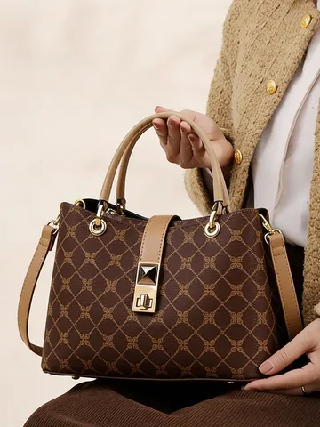 Women Vintage Monogram Tote Bag PVC Leather Large Capacity Handbag Contrast Color Commuter Shoulder Bag Metal Lock Gift