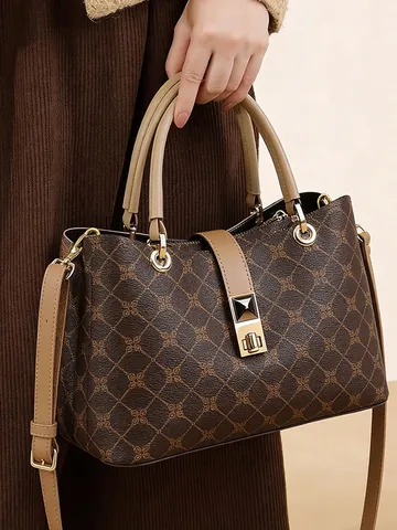 Women Vintage Monogram Tote Bag PVC Leather Large Capacity Handbag Contrast Color Commuter Shoulder Bag Metal Lock Gift