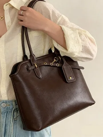 Vintage Large Capacity PU Leather Tote Bag For Women Minimalist Solid Color Shoulder Handbag Belt Buckle Commuting Bag