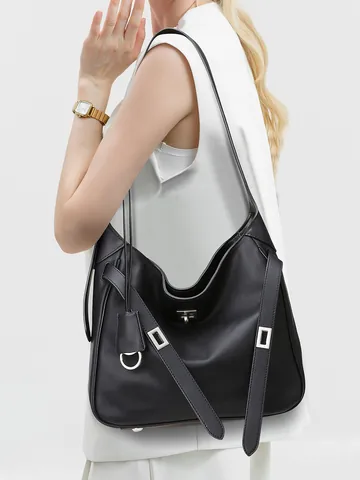 Women Fashion PU Leather Shoulder Bag Solid Color Large Capacity Tote Handbag With Silver Lock Buckle Office Commute Bag