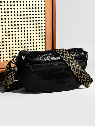Bolso Bandolera de Cuero Genuino para Mujer con Textura Arrugada Bolso Dumpling con Correa Tejida Ancha Geométrica Negro Brillante