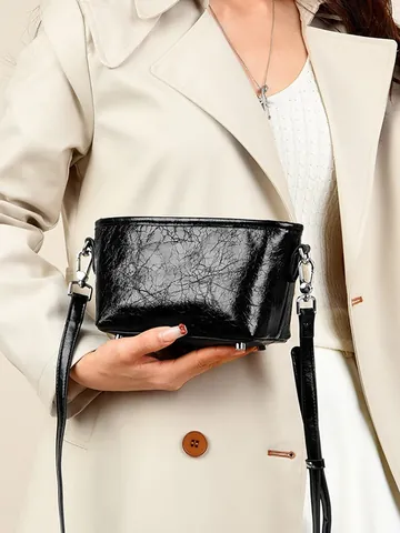 Borsa a Tracolla da Donna in Vera Pelle Vintage Trama Gualcita Piccola Borsa Quadrata Minimalista con Hardware Argento