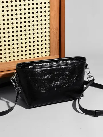 Borsa a Tracolla da Donna in Vera Pelle Vintage Trama Gualcita Piccola Borsa Quadrata Minimalista con Hardware Argento