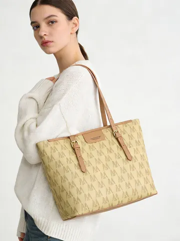 Women Large Capacity Tote Bag Monogram Print PVC PU Shoulder Bag Fashion Commuting Handbag With Double Straps Zip Closure