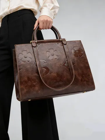 Grand Sac Cabas en Similicuir PU Gauffré Vintage pour Femme Motif Floral Sac à Main Sac à Bandoulière Mode pour Trajet Quotidien Bureau Femme