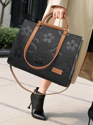Borsa Shopping da Donna in Pelle Microfibra Goffrata Vintage Grande Capacità Floreale Con Tracolla Regolabile per Ufficio