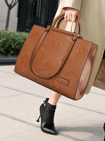 Borsa Shopping da Donna in Pelle Microfibra Goffrata Vintage Grande Capacità Floreale Con Tracolla Regolabile per Ufficio