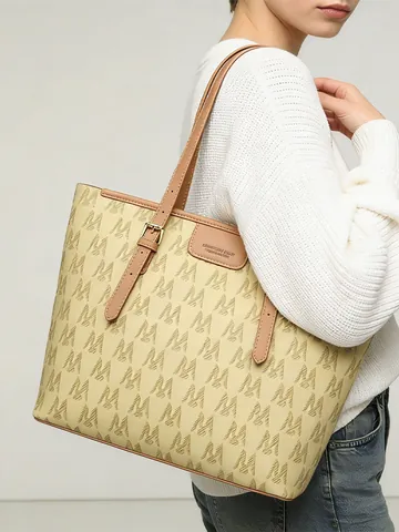 Women Large Capacity Tote Bag Monogram Print PVC PU Shoulder Bag Fashion Commuting Handbag With Double Straps Zip Closure