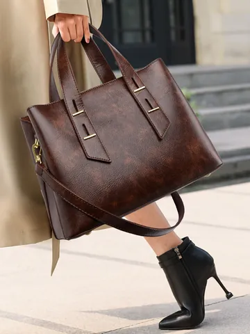 Retro PU Leather Tote Bag For Women Large Capacity Handbag Gold Hardware Commuter Office Bag Vintage Embossed Design