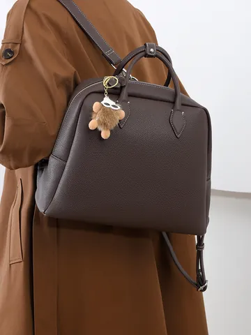 Fashion Lychee Pattern PU Leather Women Handbag Large Capacity Multifunctional Backpack With Monster Pendant For Daily Commute