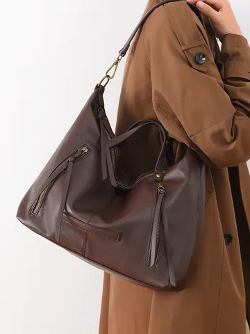 Women's Large Capacity Tote Bag Vintage PU Leather Shoulder Bag For Commuting Fashion Lychee Texture Crossbody Handbag