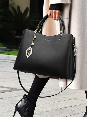 Dames Lychee Textuur PU Leer Handtas Grote Capaciteit Multi Compartiment Tote Tas Met Blad Parel Hanger Schoudertas