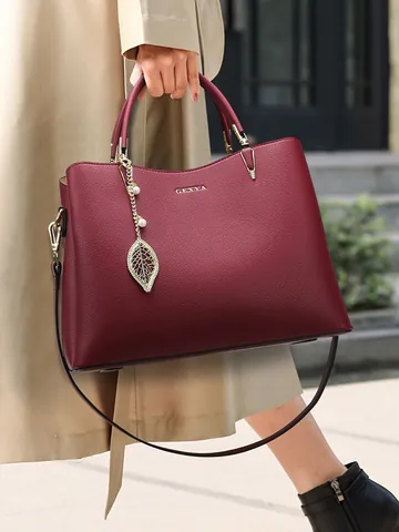 Dames Lychee Textuur PU Leer Handtas Grote Capaciteit Multi Compartiment Tote Tas Met Blad Parel Hanger Schoudertas