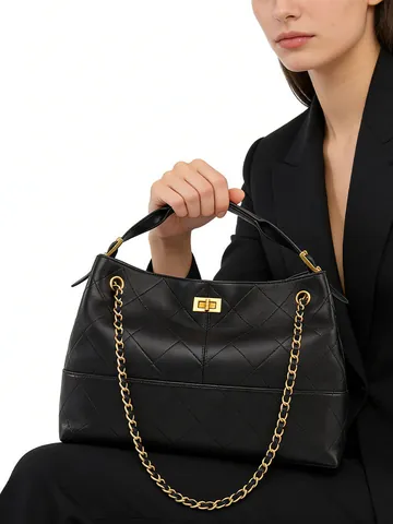 Borsa a Mano in Pelle PU Intrecciata di Grande Capacità Donna Retro Trapuntata a Rombi Con Tracolla a Catena Oro