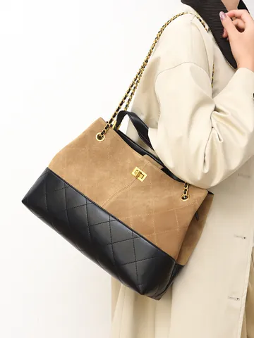 Bolso Tote de Gran Capacidad para Mujer Vintage Acolchado de Cuero PU Bolso de Mano Costuras Esmeriladas Cadena Bolso de Hombro para Trabajo