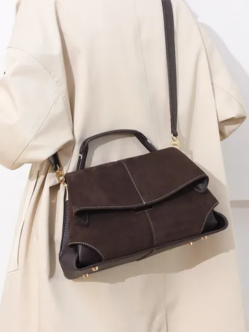 Women Retro Frosted Genuine Leather Handbag Contrast Stitching Large Capacity Shoulder Bag Suede Patchwork Commute Bag Adjustable Strap