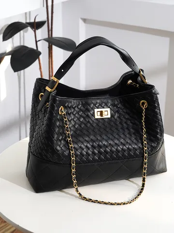 Borsa a Mano in Pelle PU Intrecciata di Grande Capacità Donna Retro Trapuntata a Rombi Con Tracolla a Catena Oro