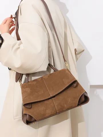 Women Retro Frosted Genuine Leather Handbag Contrast Stitching Large Capacity Shoulder Bag Suede Patchwork Commute Bag Adjustable Strap