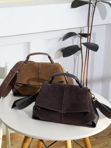 Women Retro Frosted Genuine Leather Handbag Contrast Stitching Large Capacity Shoulder Bag Suede Patchwork Commute Bag Adjustable Strap