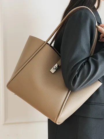 Minimalistische Dames Tote Bag Grote Capaciteit Lychee Textuur PU Leer Woon-werkverkeer Schoudertas Met Zilveren Draaisluiting