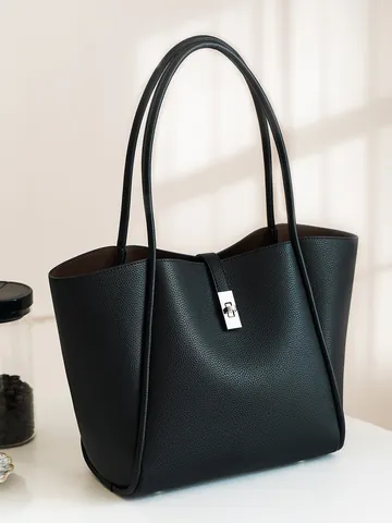 Minimalistische Dames Tote Bag Grote Capaciteit Lychee Textuur PU Leer Woon-werkverkeer Schoudertas Met Zilveren Draaisluiting
