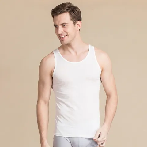 Débardeur en Tricot de Soie pour Hommes Col Rond Sans Manches Respirant Coupe Ajustée Sous-vêtements pour l'Été Quotidien