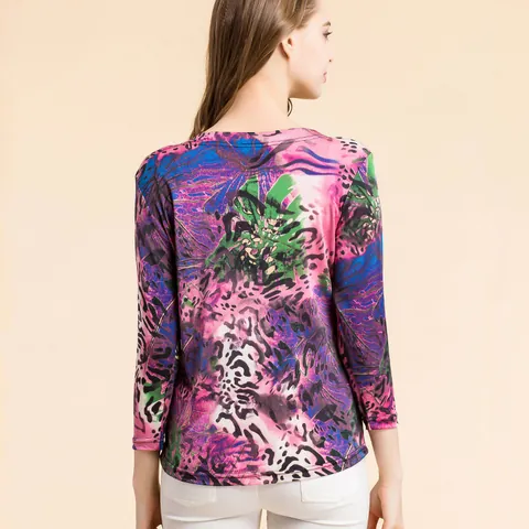 Women 100% Mulberry Silk T-Shirt Abstract Floral Print Round Neck Three Quarter Sleeve Knitted Top Elegant Casual Blouse
