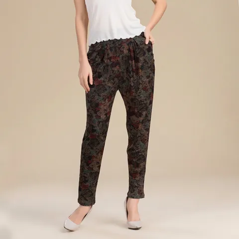 Pantaloni Harem in Seta di Gelso Stampata da Donna Larghi Casual Vita Alta Motivo a Pois Paisley Taglie Forti