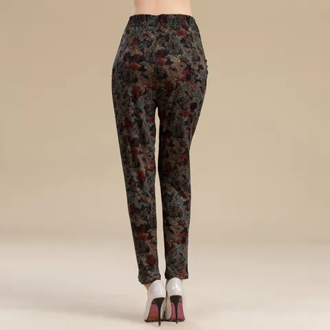 Pantaloni Harem in Seta di Gelso Stampata da Donna Larghi Casual Vita Alta Motivo a Pois Paisley Taglie Forti