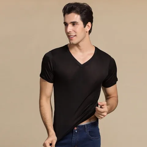 Heren Business Slim Fit Moerbeizijde Mix T-Shirt Met V-Hals Korte Mouw Effen Kleur Zomer Base Layer Gebreide Top